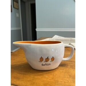 Rae Dunn “GATHER” Ceramic Gravy Boat White Orange Pumpkin Fall Thanksgiving